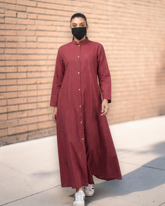 Rust Red Striped Cotton Front-Open Abaya Shirt with Mandarin Collar