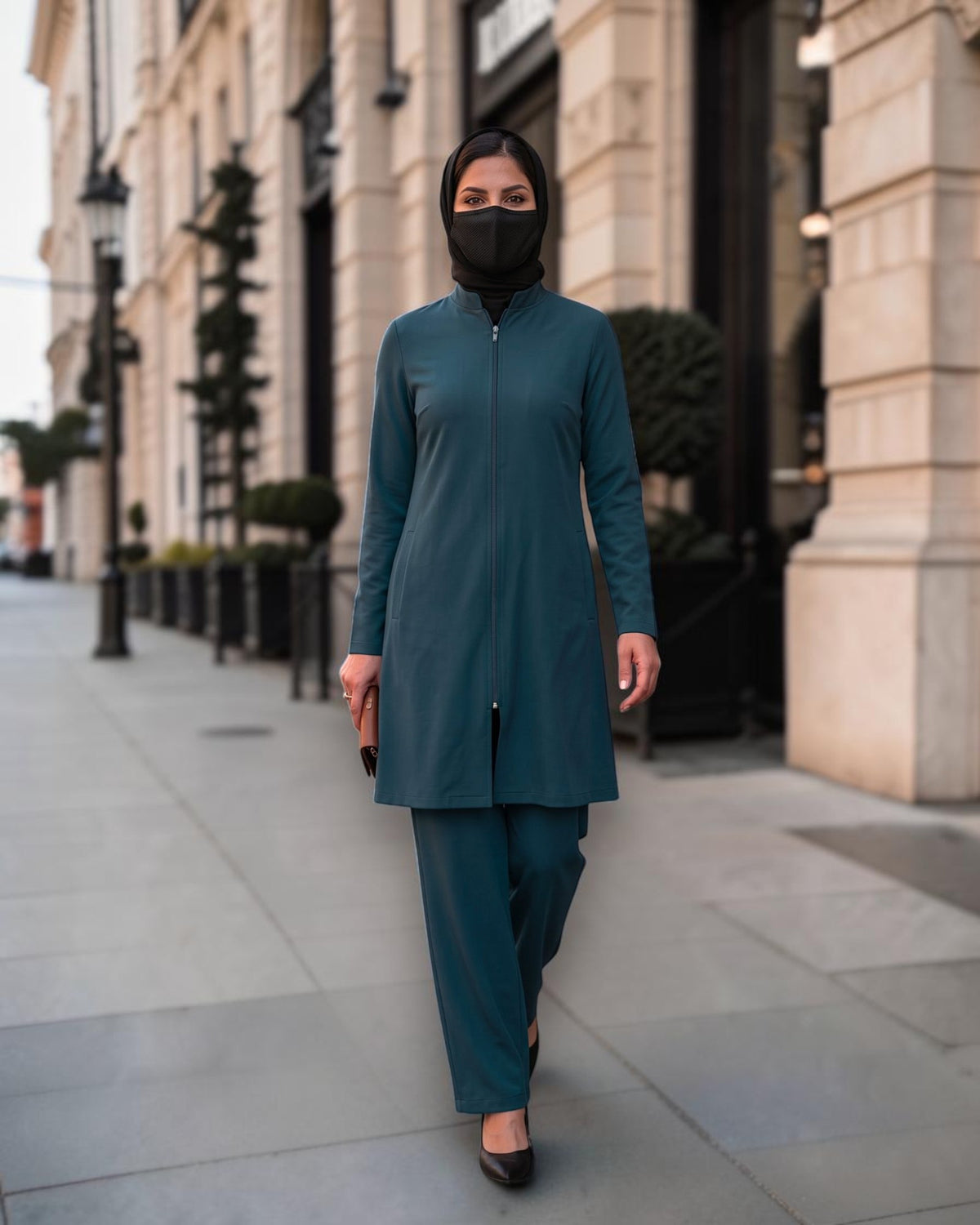 Dark Teal 2-Piece Modest Co-Ord Set with Zipper Top & Elasticated Trousers | Optional Hijab