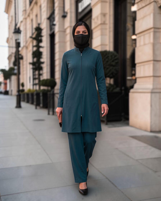 Dark Teal 2-Piece Modest Co-Ord Set with Zipper Top & Elasticated Trousers | Optional Hijab