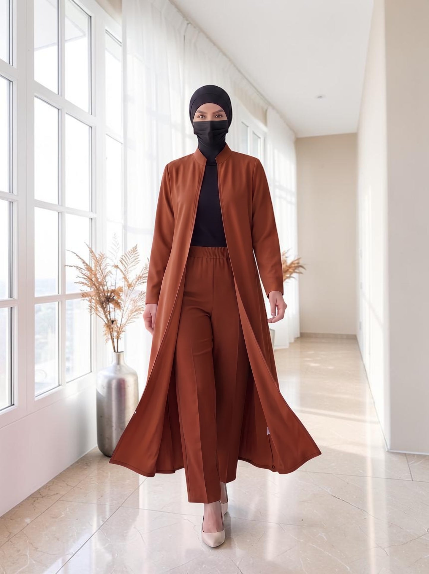 Modest Workwear Long Top with Hijab | Optional Pant |Deep Brick