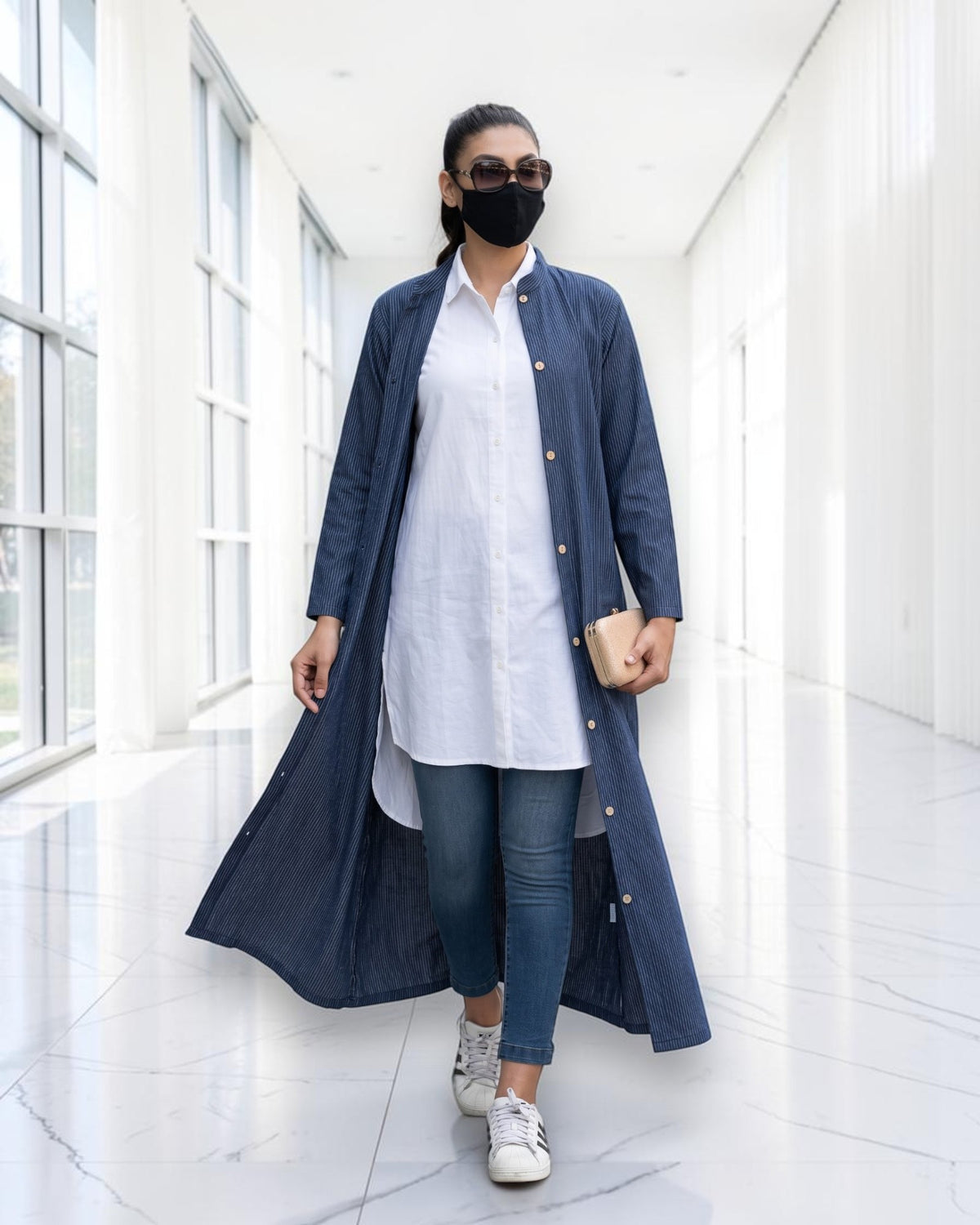 Front-Open Striped Cotton Abaya Shirt with Mandarin Collar