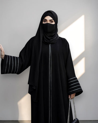 Designer Black Front-Open Abaya with Contrast Piping and Pockets
