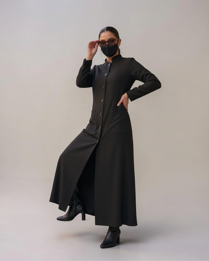 Latest Coat Abaya with Soft Shoulder Pads and Mandarin Collar| Black