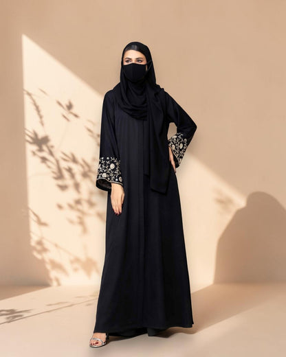 Black Praada Front-Open Mahram-Embroidered Burqa with Sleeve Embellishments