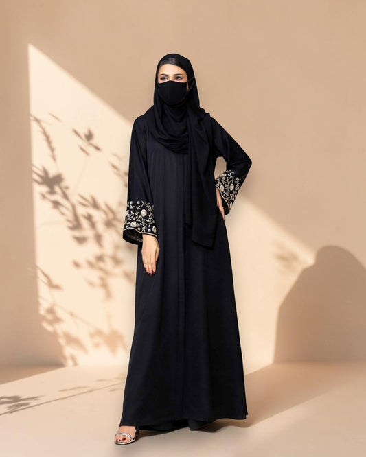 Black Praada Front-Open Mahram-Embroidered Burqa with Sleeve Embellishments