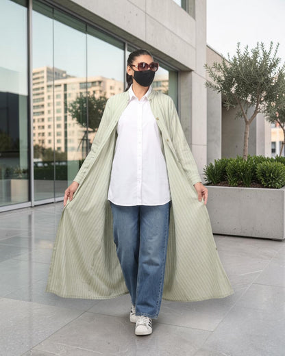 Mint Green Striped Cotton Front-Open Abaya Shirt with Mandarin Collar