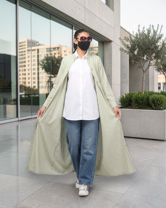 Mint Green Striped Cotton Front-Open Abaya Shirt with Mandarin Collar