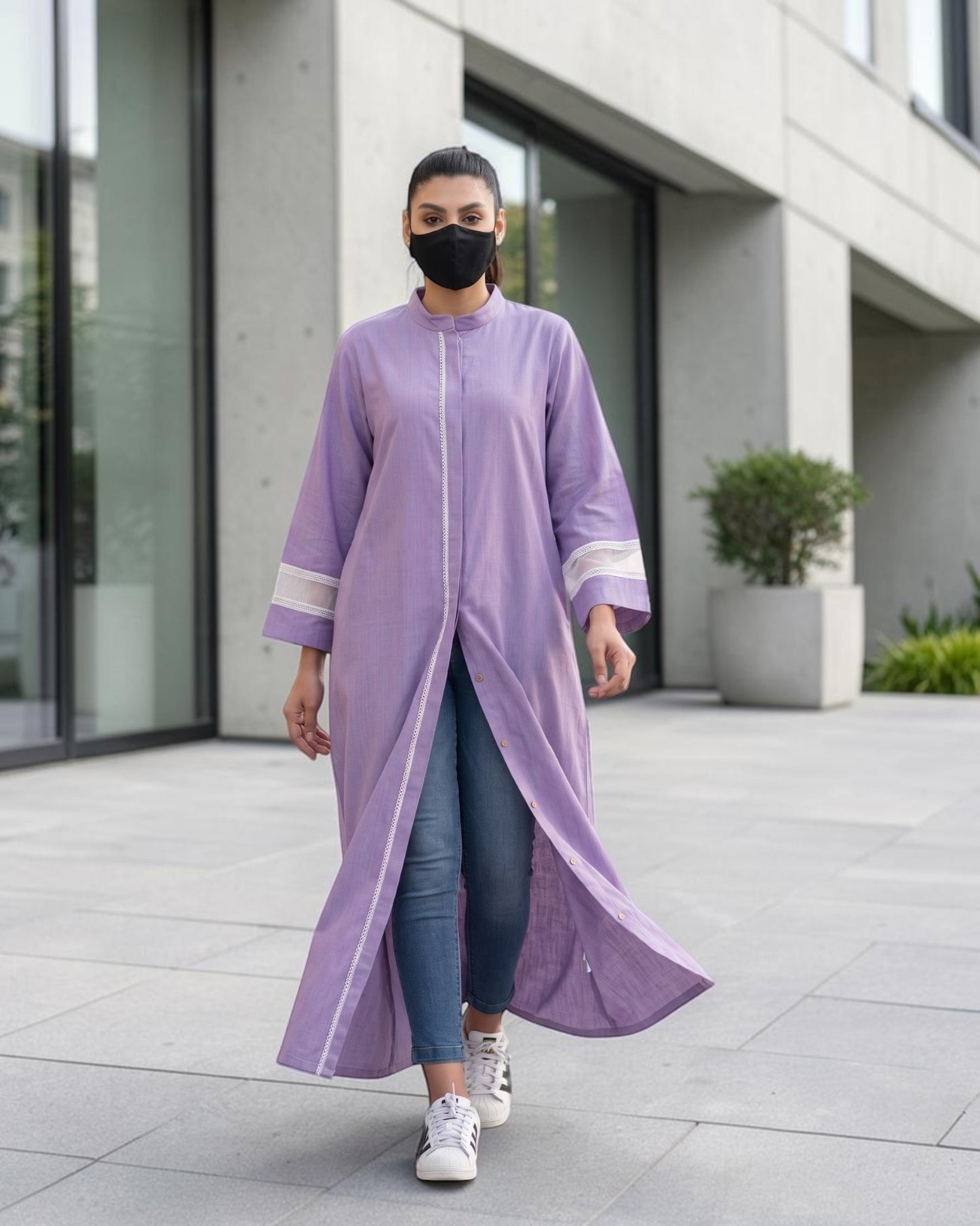 Front-Open Cotton Abaya Shirt with Mandarin Collar & Lacework