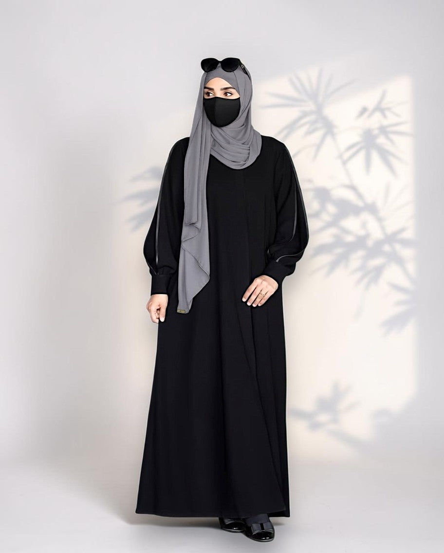 Designer Black Closed Abaya with Sleeve Piping and Pockets