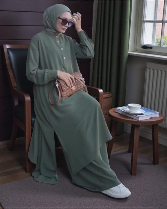 Co-ord Abaya Set for Women Ð Firdaus Fabric with Wide Palazzo & Tunic