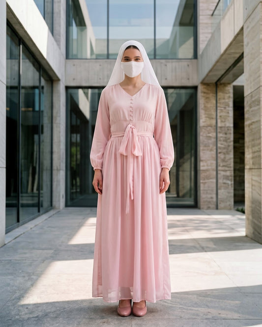 V-Neck Tie-Waist Georgette Modest Dress