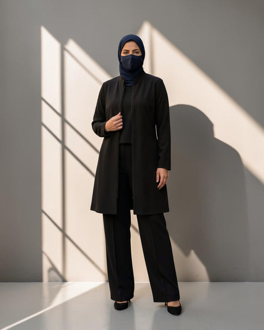 Black 2-Piece Modest Co-Ord Set with Zipper Top & Elasticated Trousers | Optional Hijab