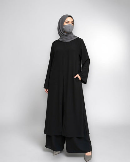 Three Pieces Abaya-like Co-ord Set with Long Tunic and Elasticated Bottom