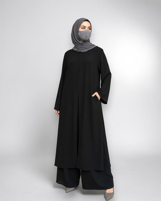 Three Pieces Abaya-like Co-ord Set with Long Tunic and Elasticated Bottom