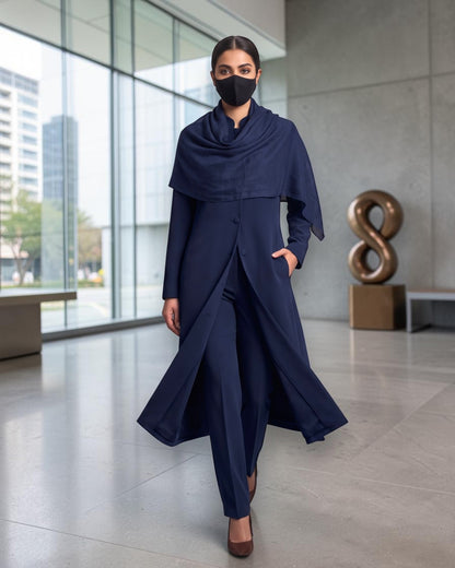 Business Suit for Women with Coat-Style Top | Optional Trouser & Hijab | Navy Blue