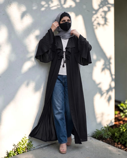 Designer Abaya Fit Shrug with Ruffle Yoke & Bell Sleeves