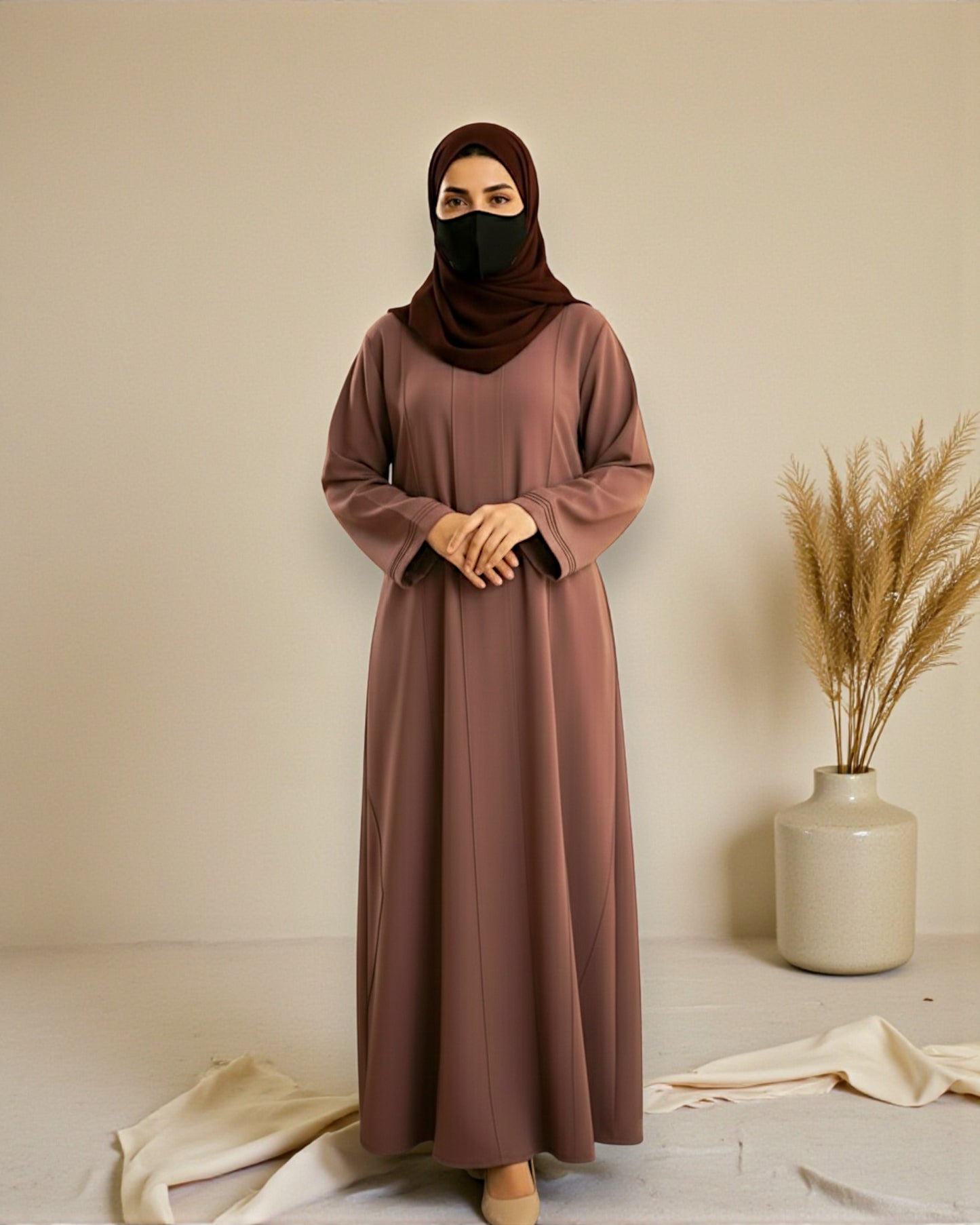Premium Front Open Abaya for Women in Seltos Fabric with Pin Tuck Detailing and Black Hijab