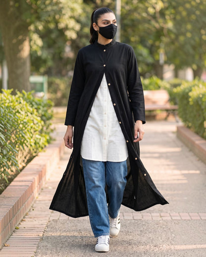 Solid Black Cotton Front-Open Abaya Shirt with Mandarin Collar