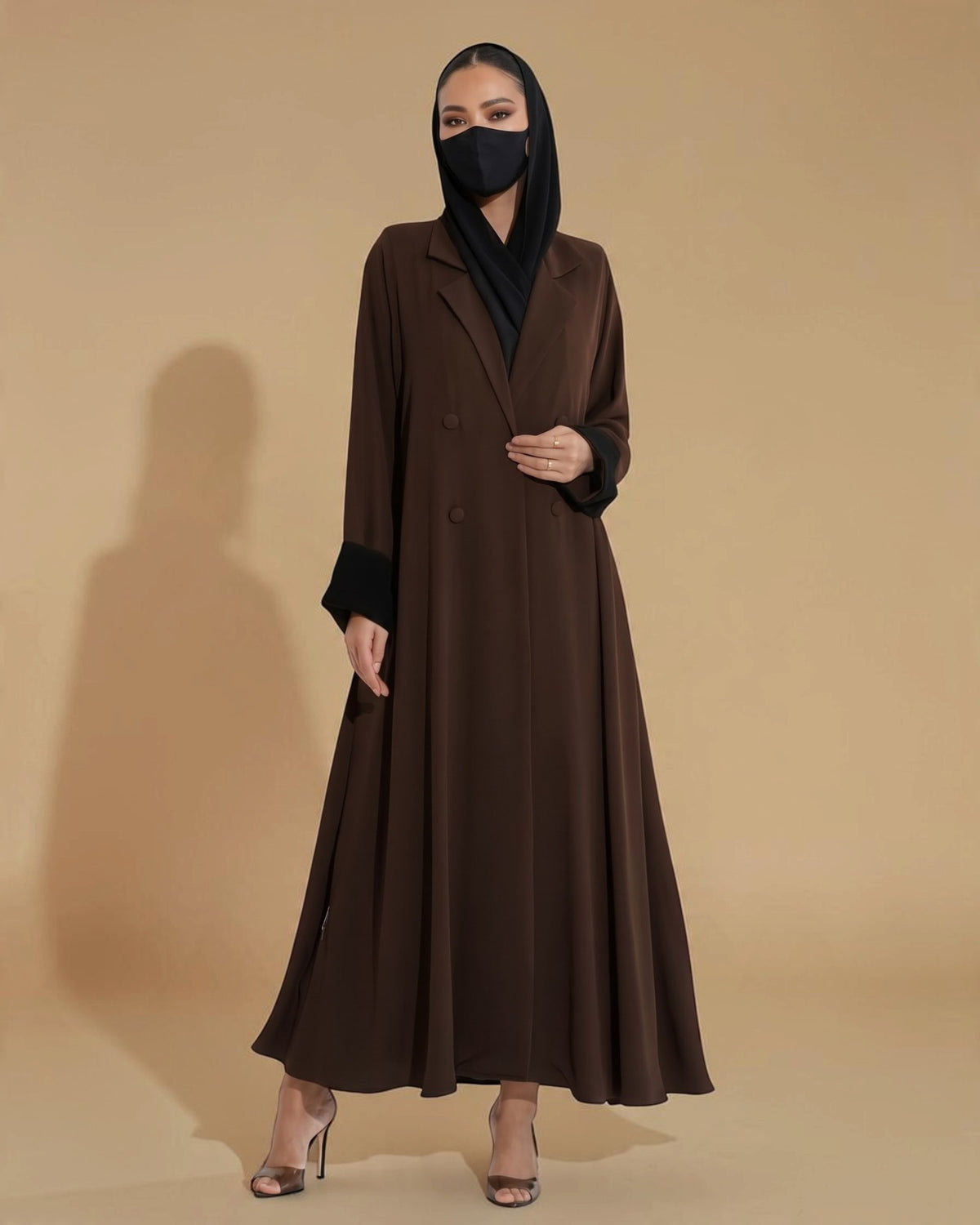 Elegant Double-Breasted Coat Style Abaya with Contrast Collar