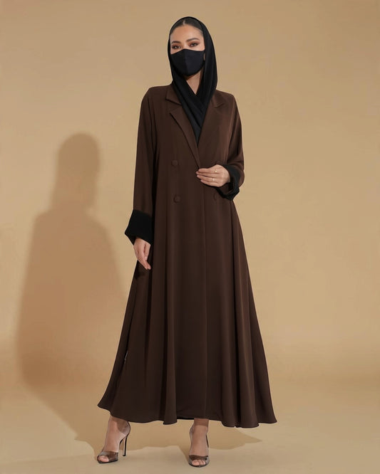 Elegant Double-Breasted Coat Style Abaya with Contrast Collar