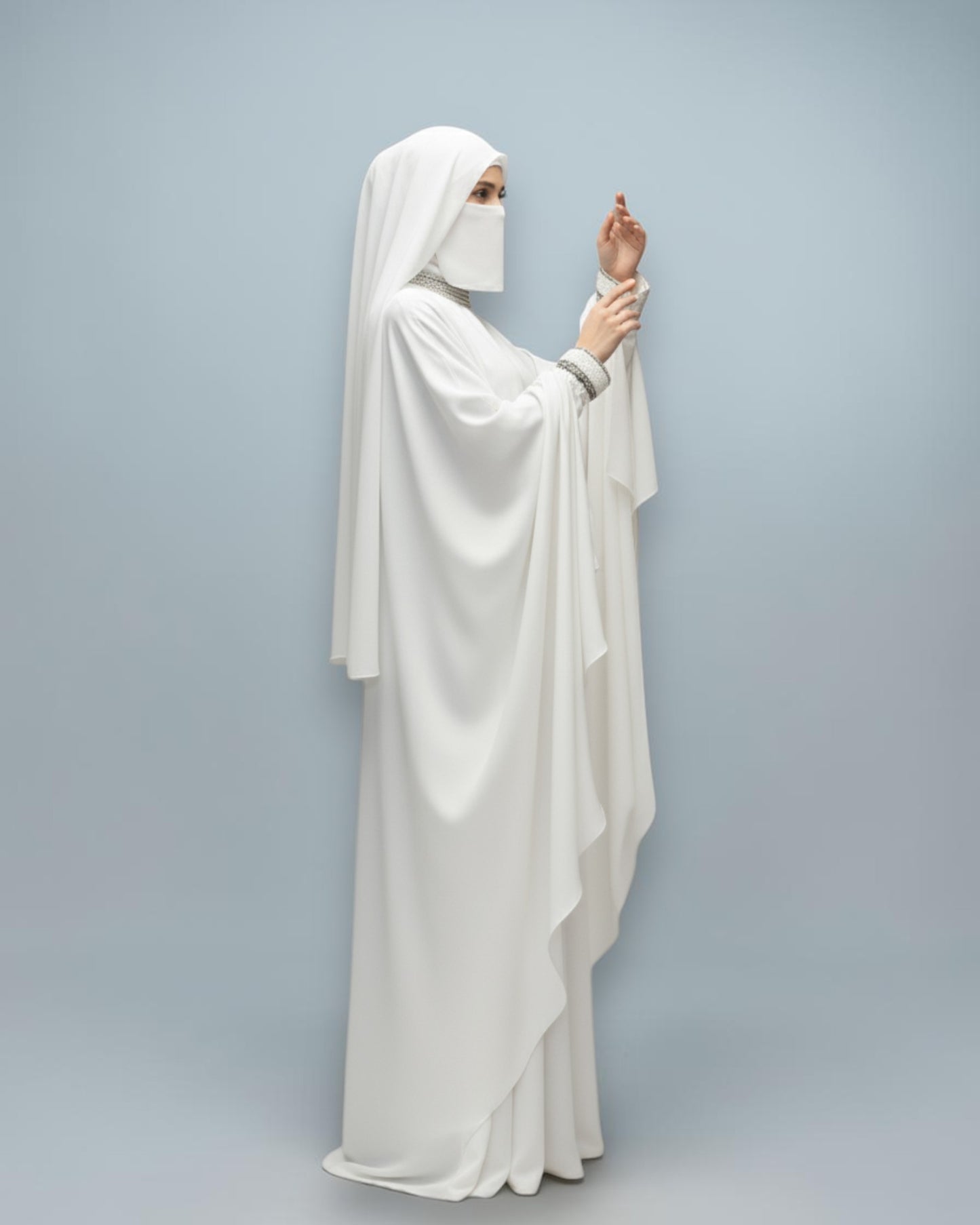 White Armani Satin Occasion Abaya with Handwork Embellishments