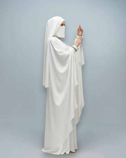 White Armani Satin Occasion Abaya with Handwork Embellishments