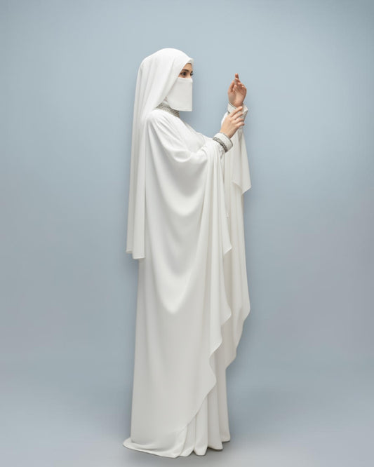 White Armani Satin Occasion Abaya with Handwork Embellishments