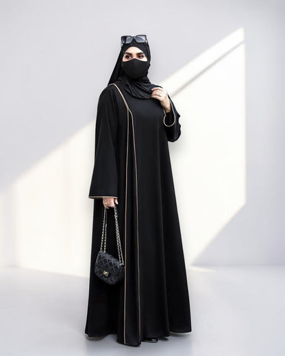 Designer Black Closed Abaya with Contrast Piping and Extra Flare