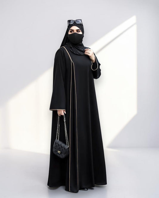 Designer Black Closed Abaya with Contrast Piping and Extra Flare
