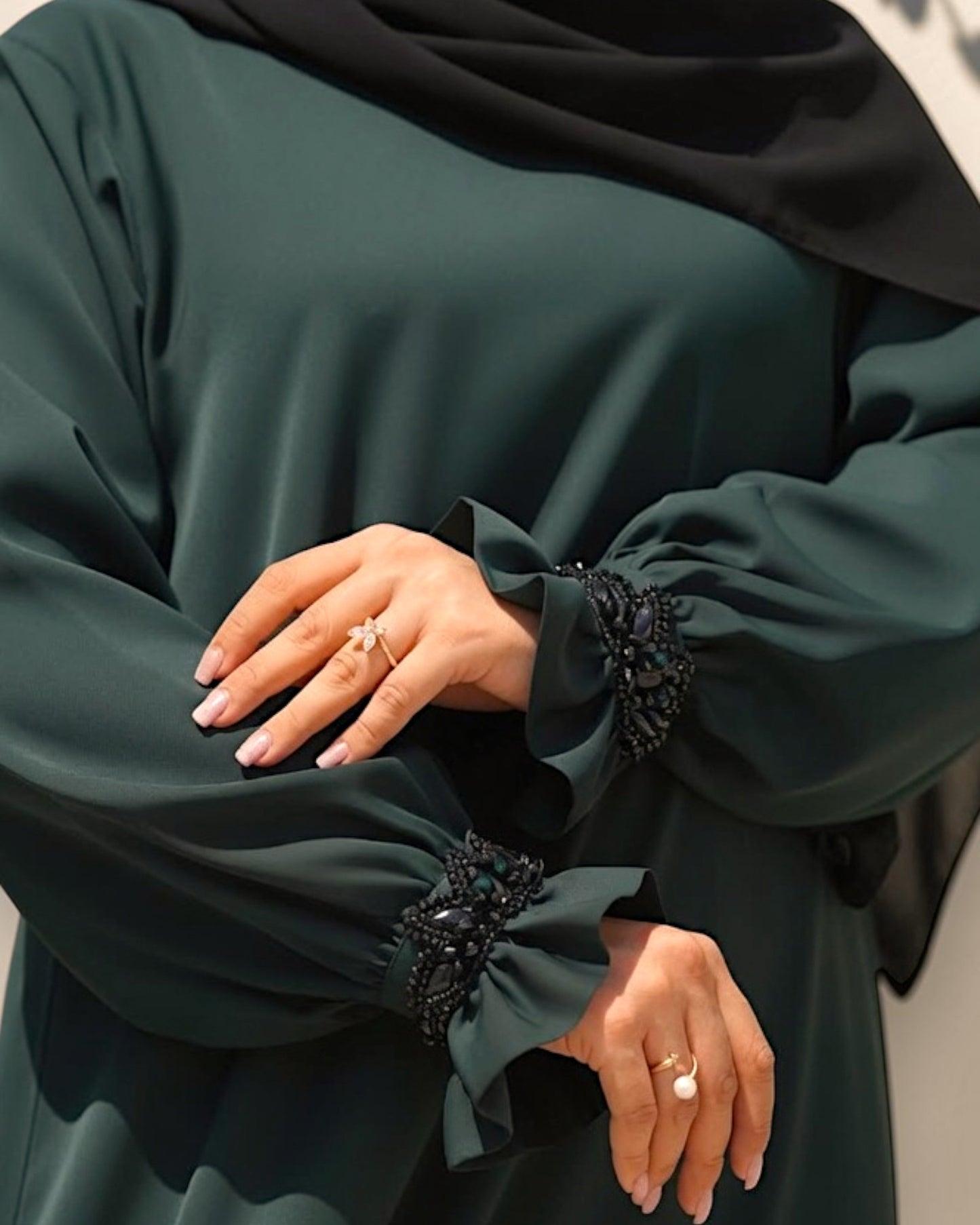 Mahram Dark Green Praada Fancy Abaya with Beaded Ruffled Sleeves and Pockets