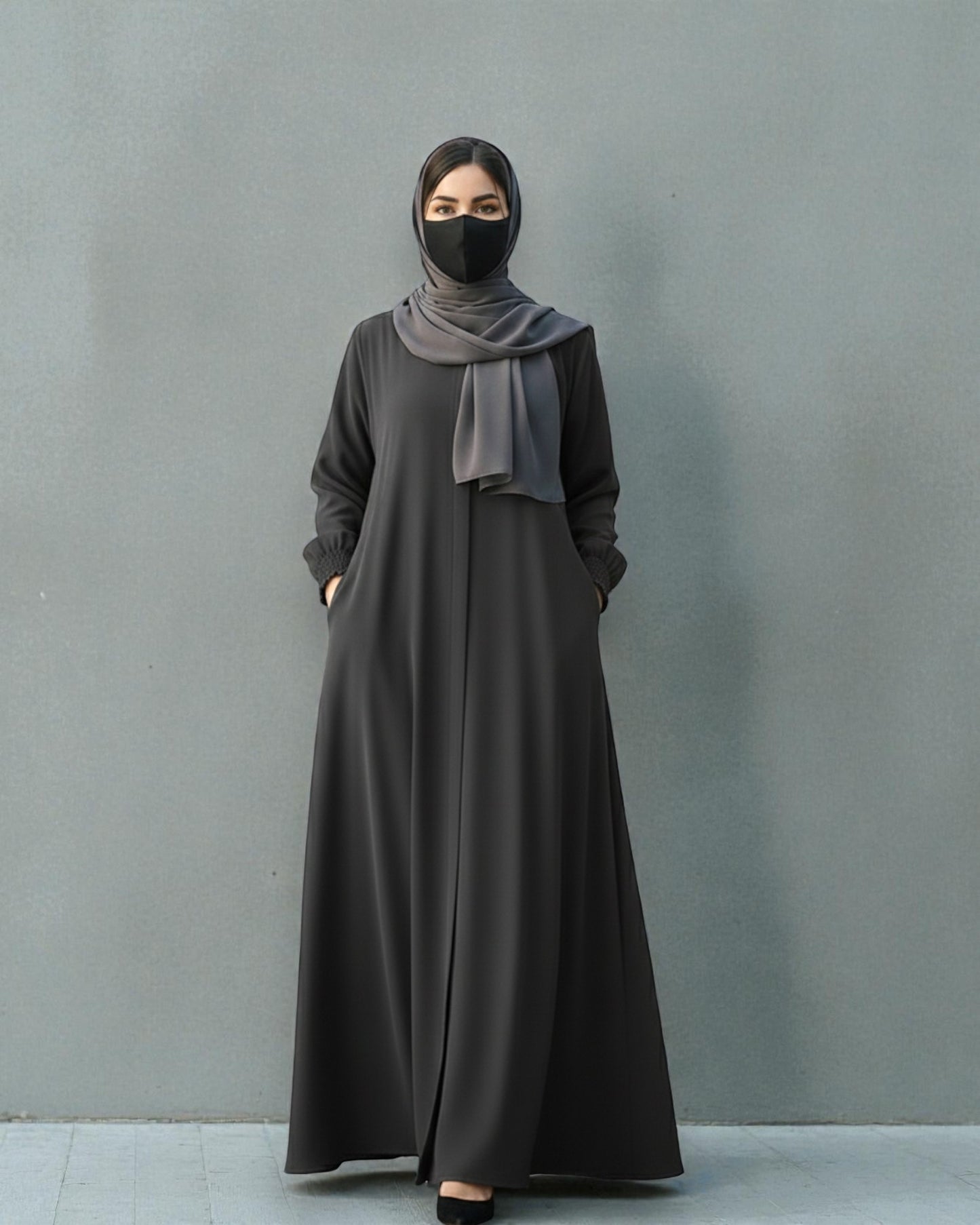 Front Open Abaya with Zipper Opening, Umbrella Flare and Matching Belt