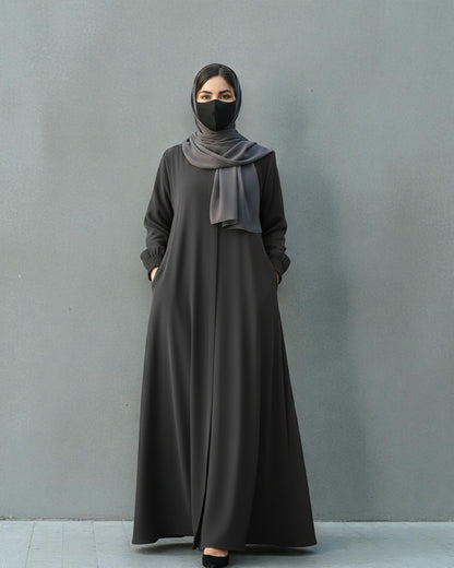 Front Open Abaya with Zipper Opening, Umbrella Flare and Matching Belt