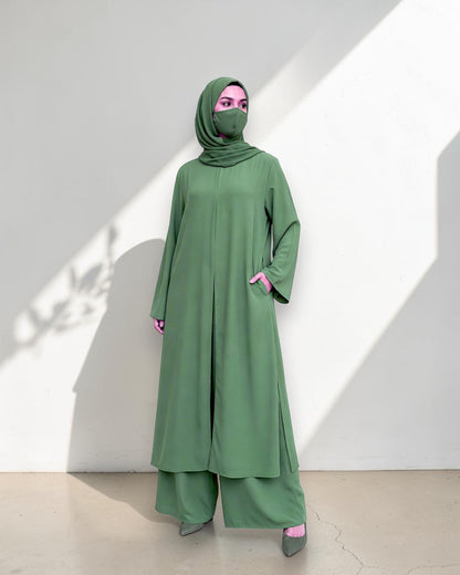 Three Pieces Abaya-like Co-ord Set with Long Tunic and Elasticated Bottom