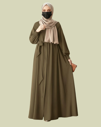 Front Open Abaya with Zipper Opening, Umbrella Flare and Matching Belt