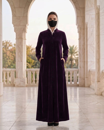 Classic Front Open Velvet Abaya with Covered Buttons