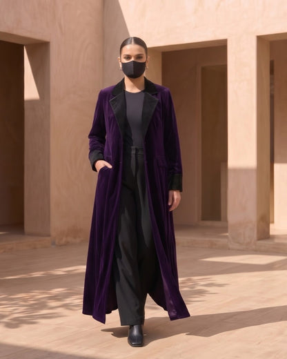 Velvet Coat Abaya with Contrast Lapels For Working Woman