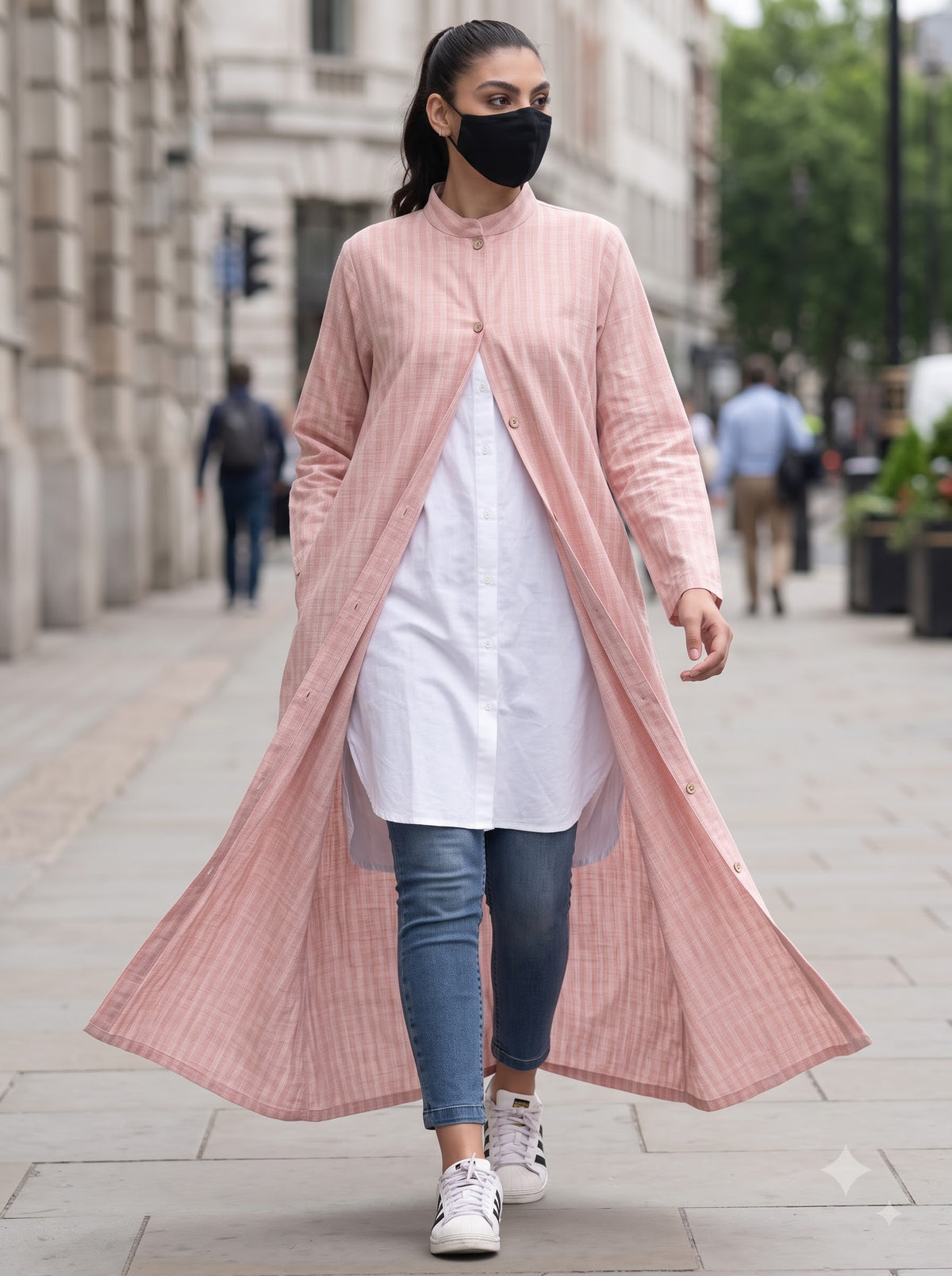 Blush Pink Striped Cotton Front-Open Abaya Shirt with Mandarin Collar