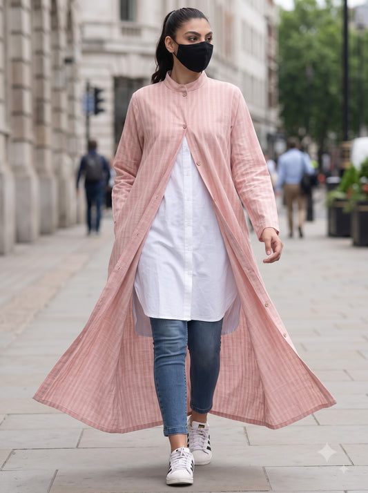 Blush Pink Striped Cotton Front-Open Abaya Shirt with Mandarin Collar