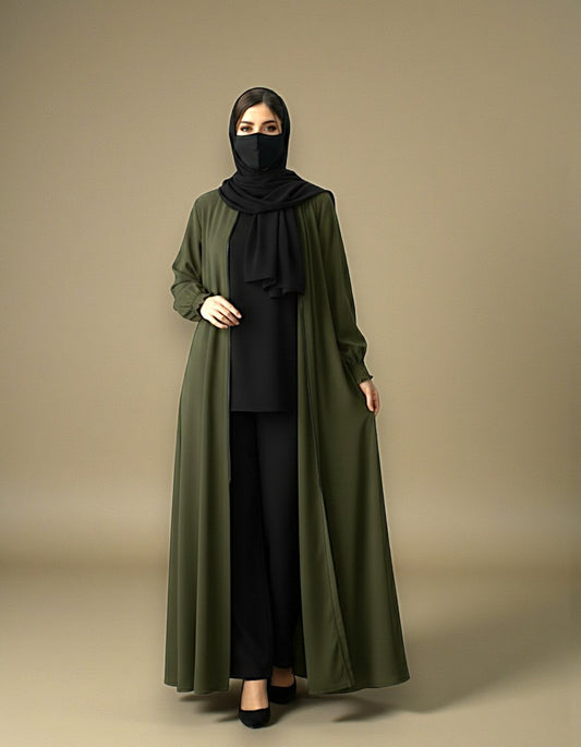 Front Open Abaya with Zipper Opening, Umbrella Flare and Matching Belt