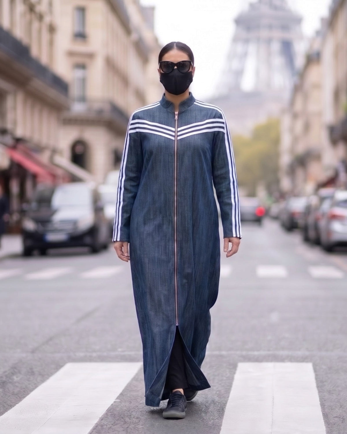 Sport Stripe Denim Zipper Abaya