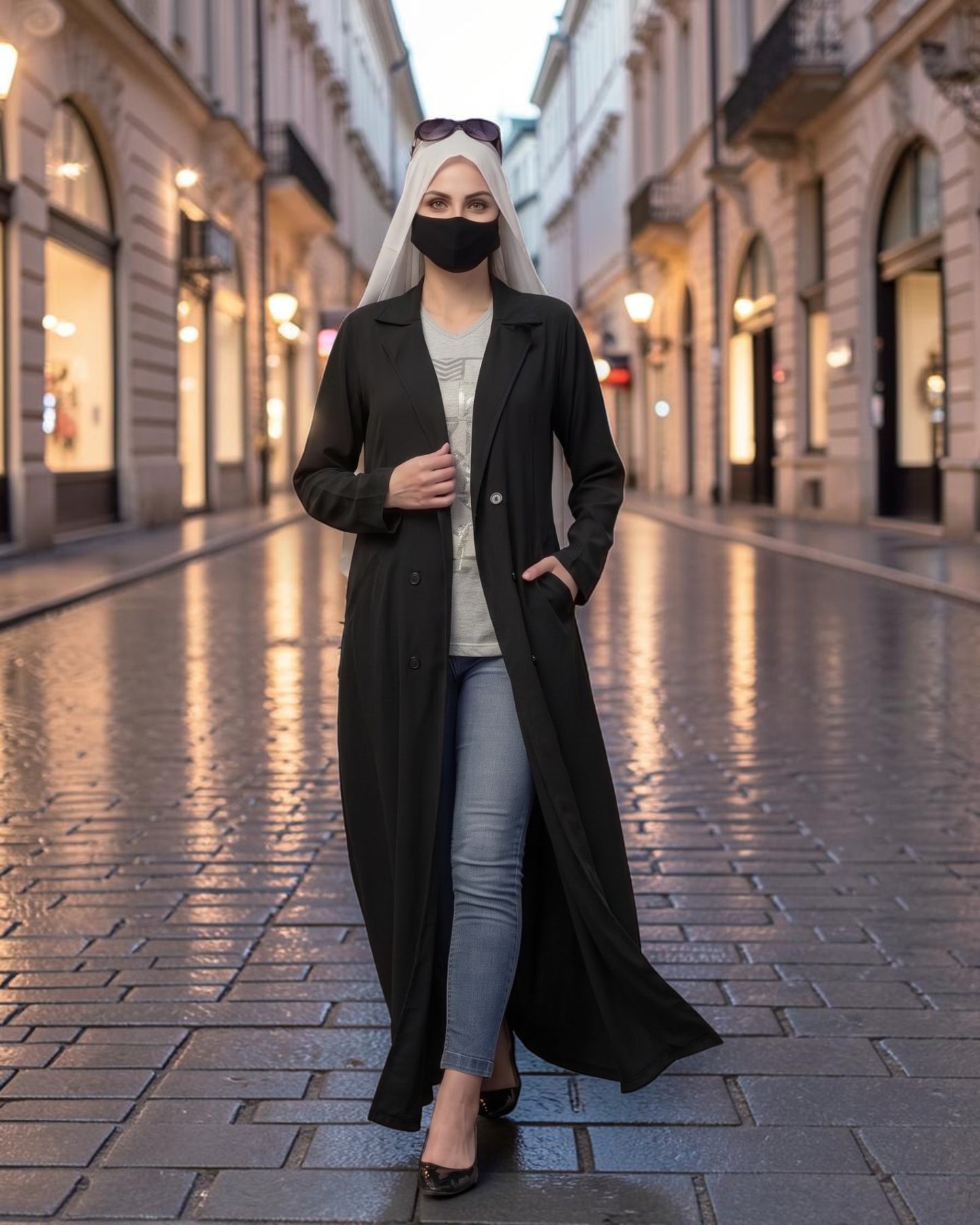 Double-Breasted Coat Abaya for Work with Free Hijab | Optional Inner | BLACK