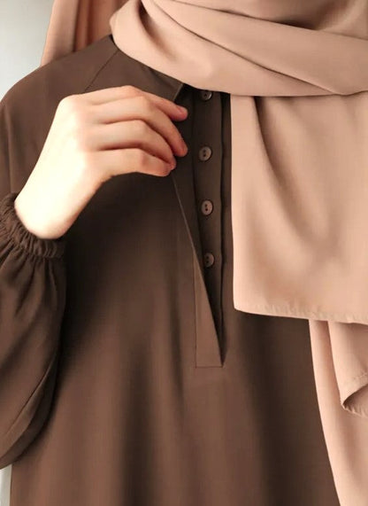 Flared A-Line Abaya with Elasticated Sleeves and Button Yoke