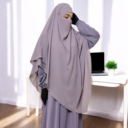 Bashariya Stone Grey  Color Three-Layer Triangular Long Prayer Khimar Hijab with Attached Mouthpiece|Short Jilbab | Ready-to-Wear with Tie-Back Design in Georgette Fabric
