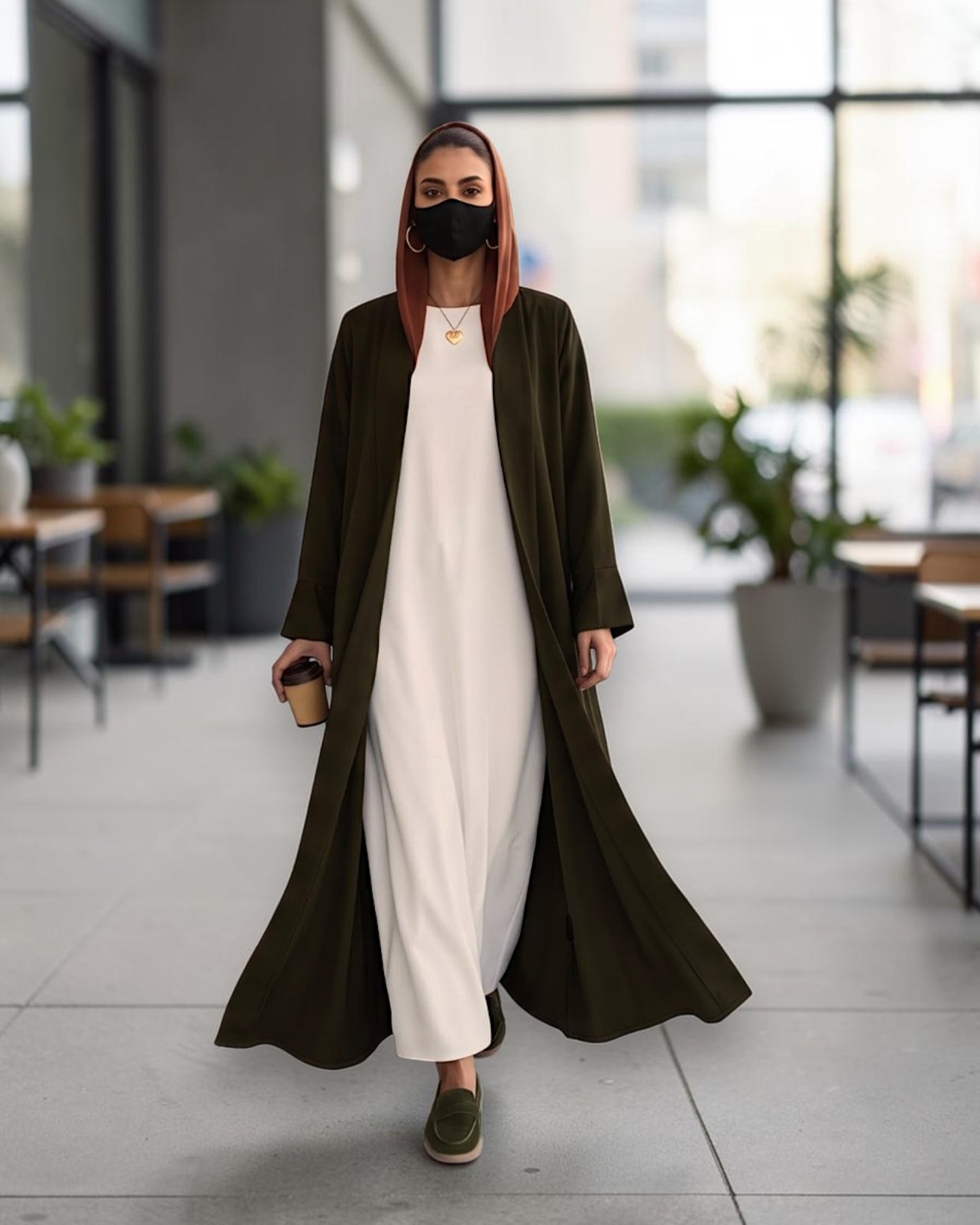 Open Abaya Shrug with Hijab & Optional Inner | Dark Olive