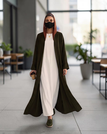 Open Abaya Shrug with Hijab & Optional Inner | Dark Olive