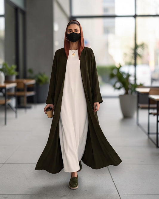 Open Abaya Shrug with Hijab & Optional Inner | Dark Olive