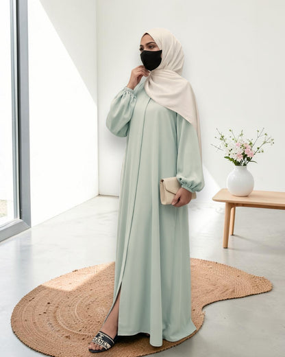 Designer Mahram-Abaya with Concealed Zipper and Inward Pleats-Dull Sky Blue