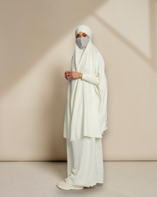 Elegant Two Piece Jilbab Set in Luxurious Flow Crepe Fabric with Flared Skirt and Full Size Khimar