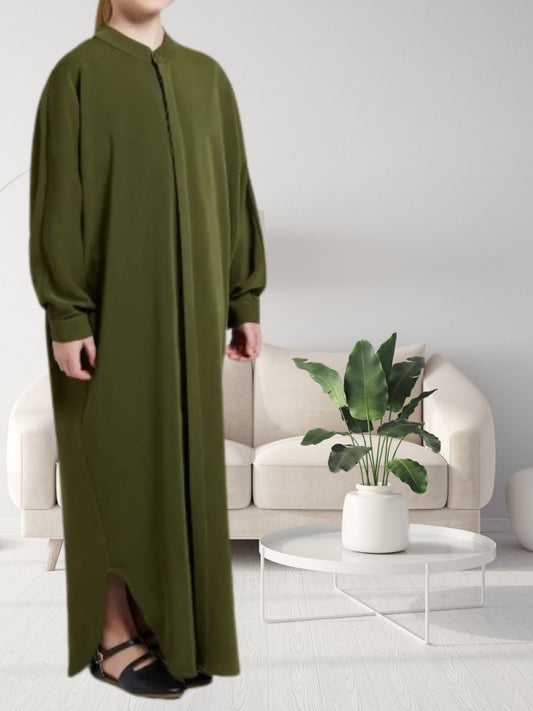Satin Whispers: Front-Open Kaftan Abaya for Young Fashionistas