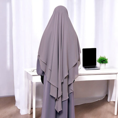 Bashariya Stone Grey  Color Three-Layer Triangular Long Prayer Khimar Hijab with Attached Mouthpiece|Short Jilbab | Ready-to-Wear with Tie-Back Design in Georgette Fabric